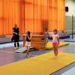Sechs Kinder und eine Übungsleiterin machen zusammen verschiedene Übungen. Die Turnhalle ist mit Matten ausgelegt. Außerdem stehen verschiedene Geräte, wie zum Beispiel Sprungbrett und Reck, in der Halle.